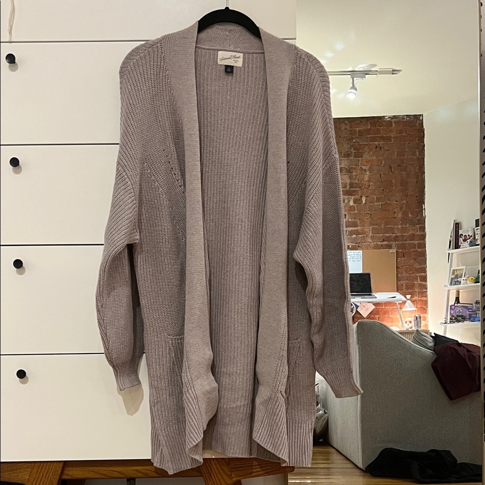 Long Taupe Open-Front Cardigan